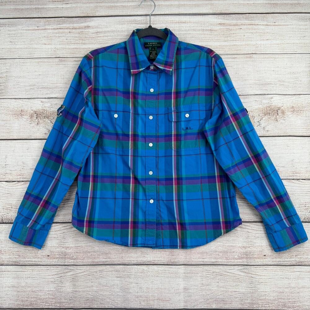 Vintage Lauren Ralph Lauren Plaid Roll Tab Sleeve Womens L Blue Purple